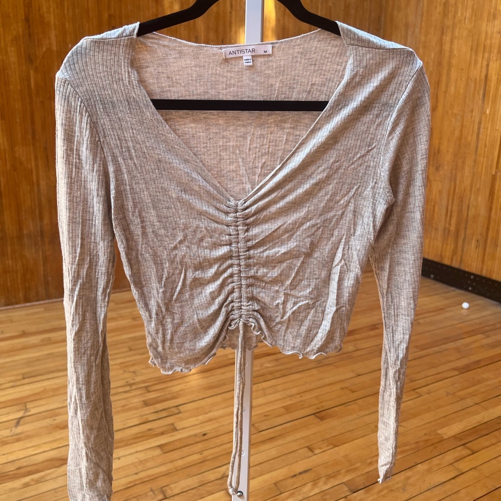 Cream Ruched Tie Front Crop Blouse